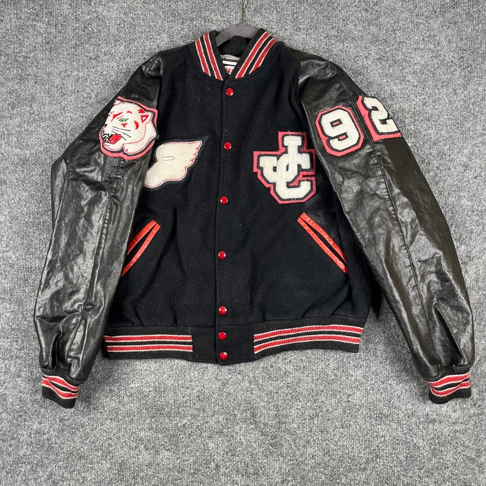 Neff Varsity Jacket Mens Size XL Black Wool Leather Sleeve USA Made Tiger Patch